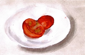 Obraz pana Howadoora "Rozkrojené rajče". Ovšem člověk, který by nevěděl o co jde, například já, by samozřejmě nehádal na rajče, nýbrž na použitou dámskou vložky, byť to může znít jakkoli nechutně.